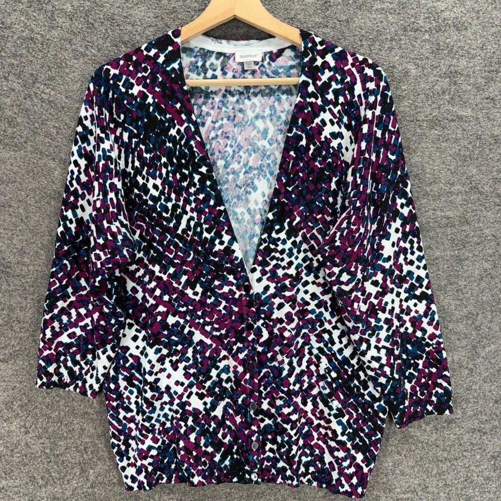 Avenue Cardigan Women 14/16 Black Geometric V-Neck Button 3/4 Sleeve Rayon